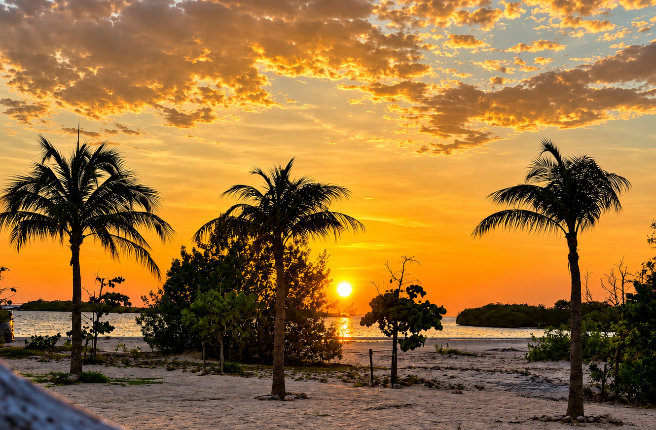 Aruba sunset over the water at Battata